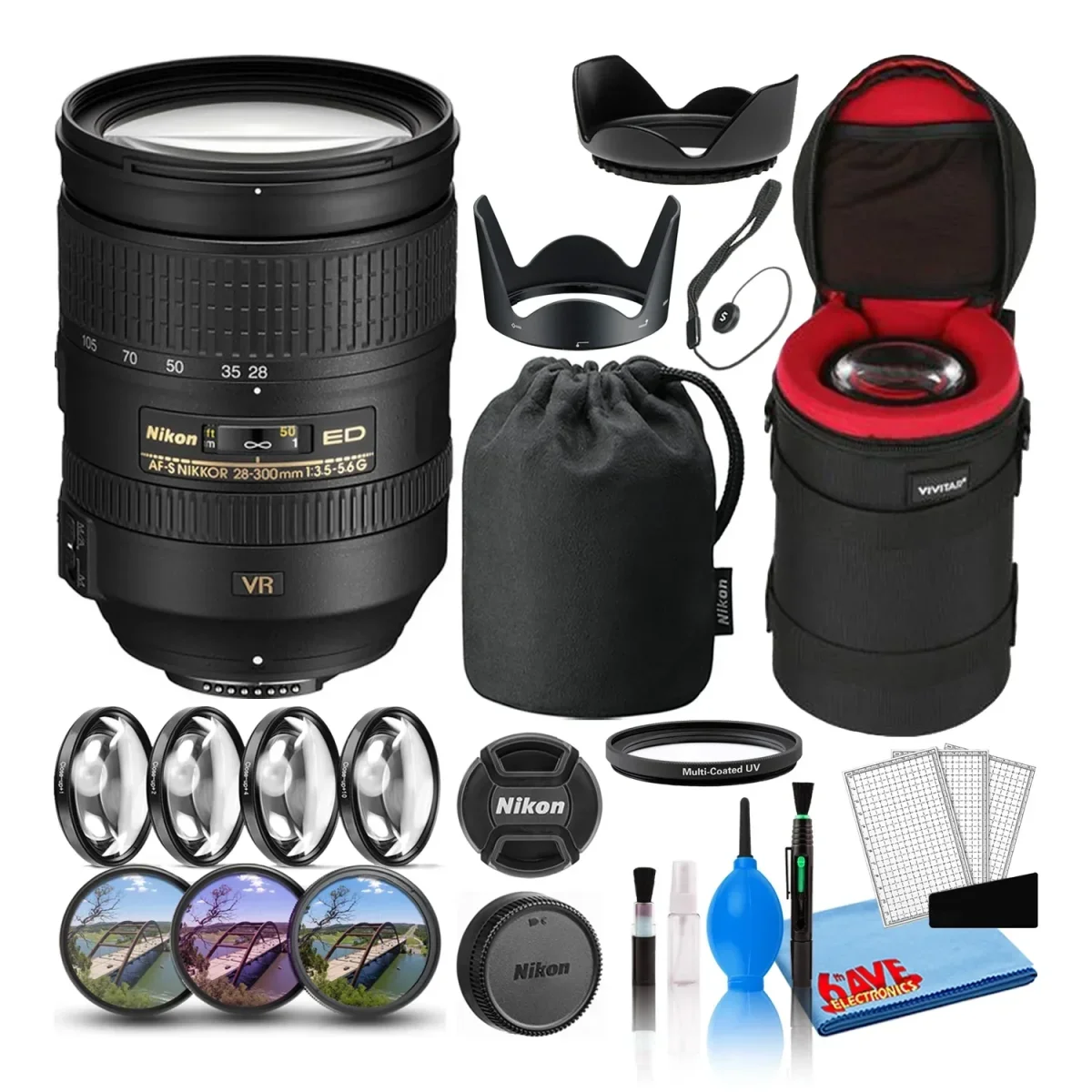 Nikon AF-Size NIKKOR 28-300mm f/3.5-5.6G ED VR Lens (2191) Intl with Padded Lens Case + Macro Filter Kit + UV, CPL, FL Lens Filters + Tulip Hood + Lens Cap Keeper + Cleaning Kit